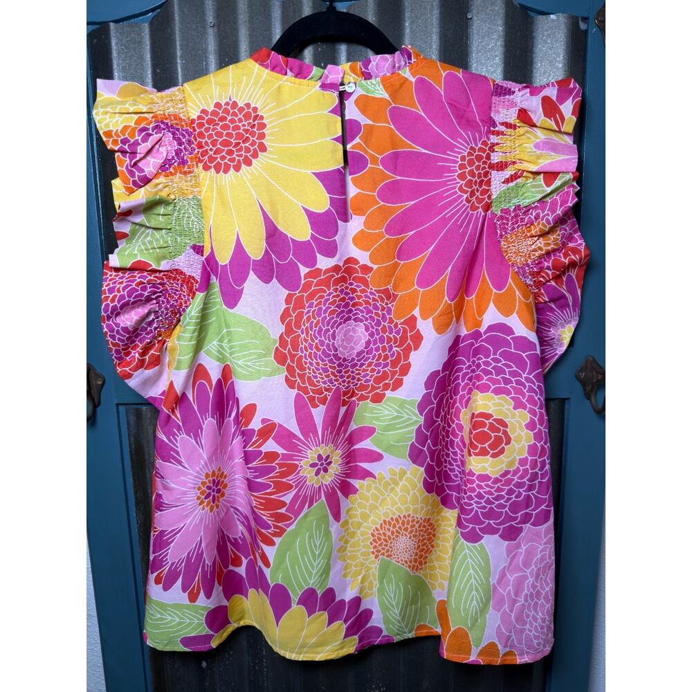 J. Marie Leilani Floral Ruffle Sleeve Top Women M Smocked Blouse Pink Summer - Picture 3 of 7
